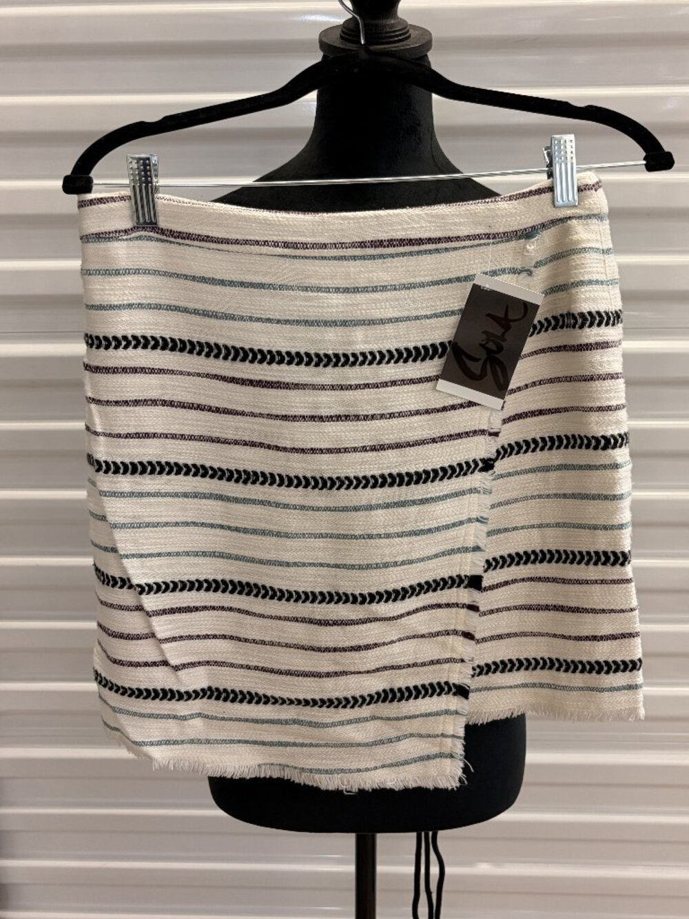 Women's Small white frayed mini skirt with black and purple stripes- LOFT